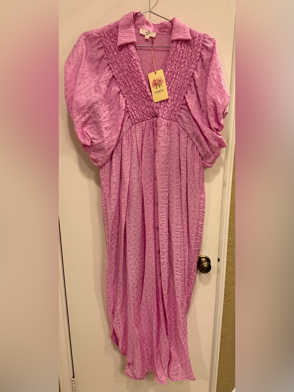 entro Pink Textured Smocked V-Neck Dress